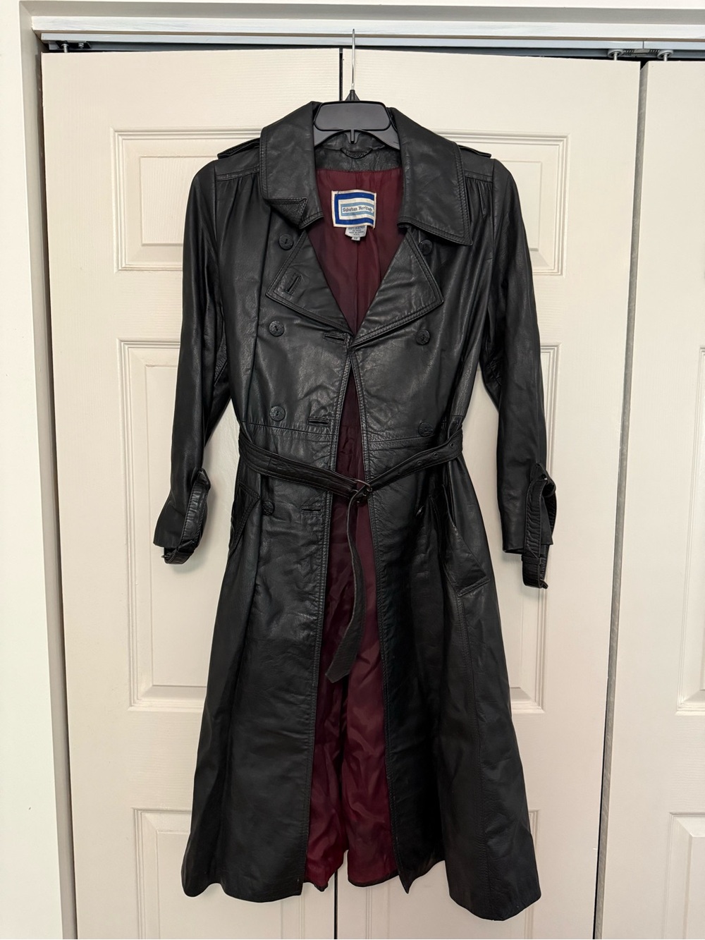 Urban Heritage Black Leather Trench Coat with Burgundy Lining